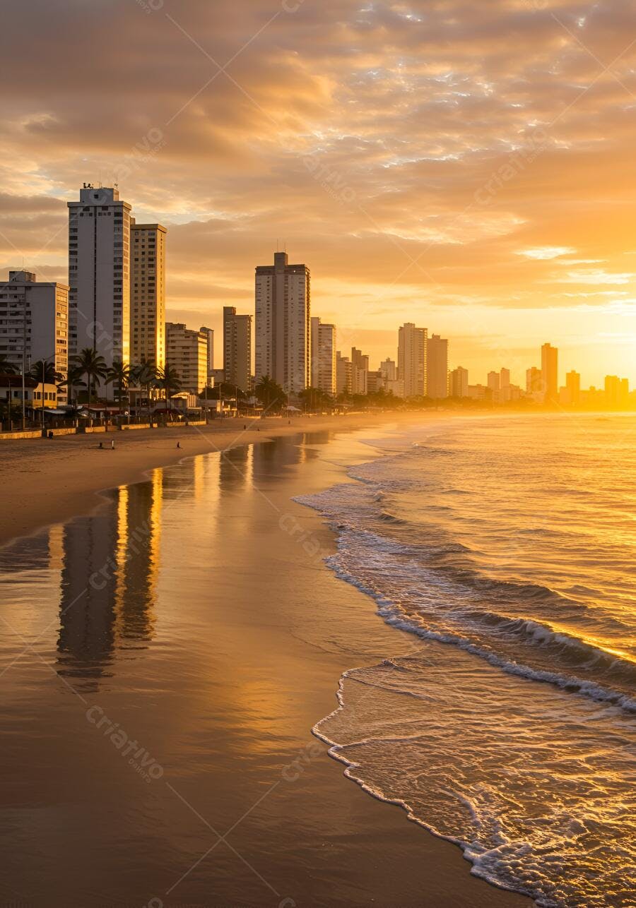 Prédio na praia ao amanhecer dourado