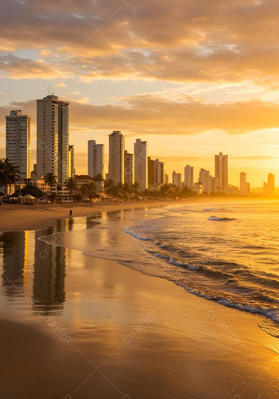 Prédio na praia ao pôr do sol dourado