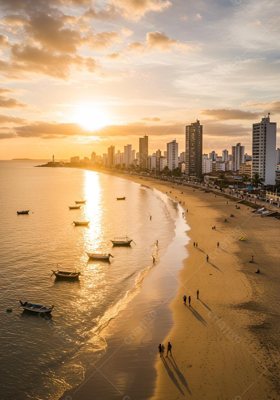 Pôr do sol dourado em praia com barcos e cidade