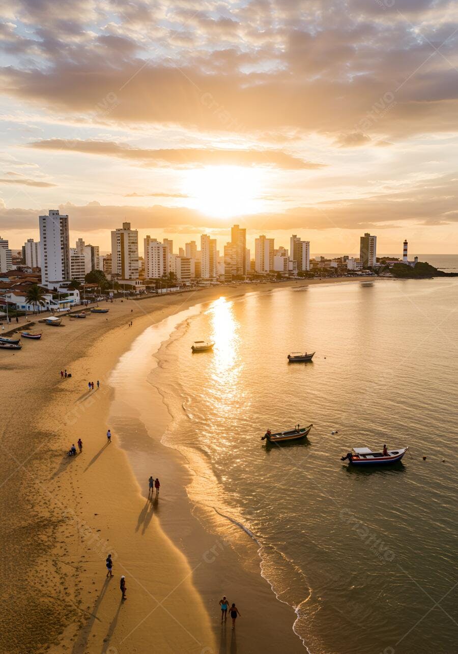 Pôr do sol dourado em praia com cidade ao fundo