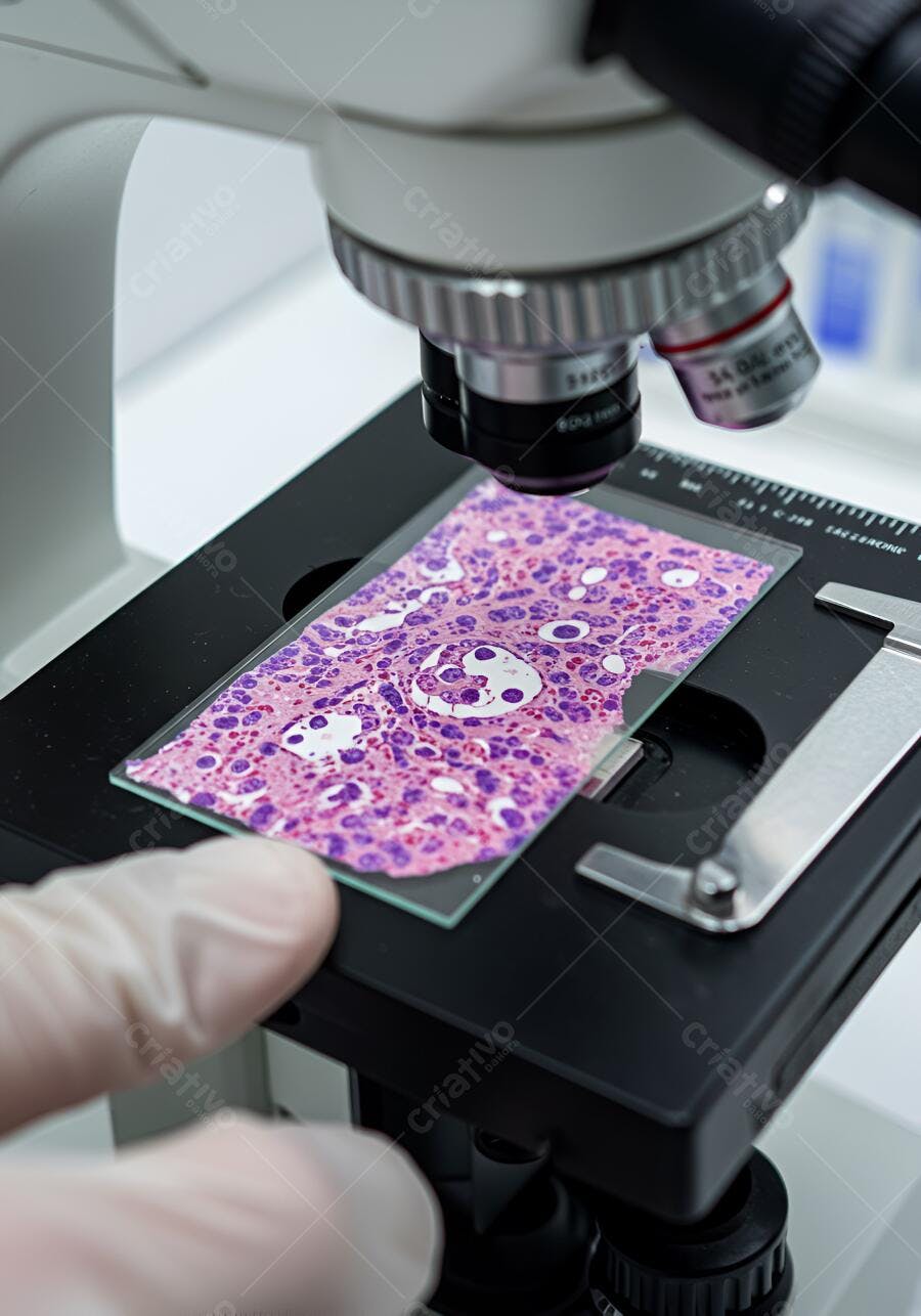 Amostra microscópica rosa e roxa em lâmina