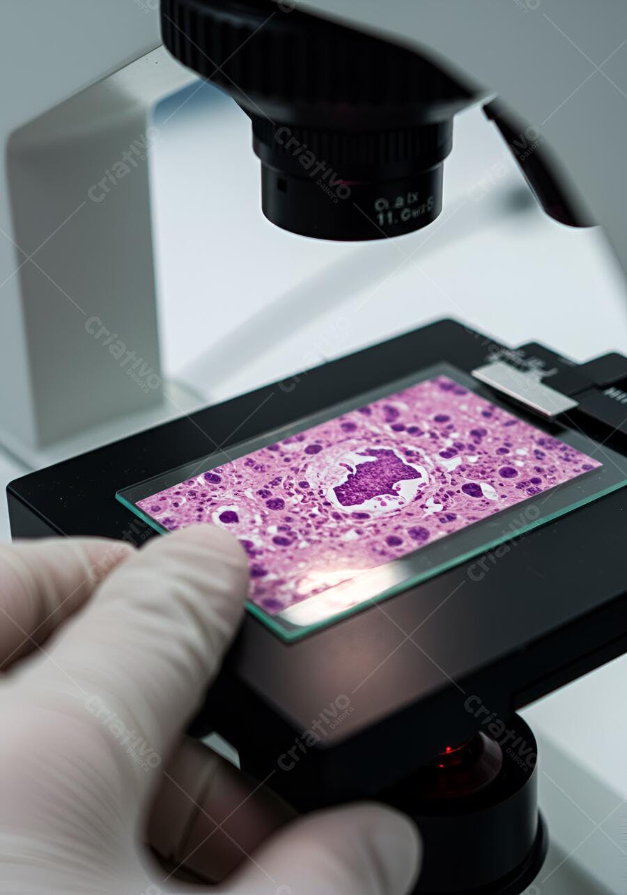 Amostra de tecido sob microscópio