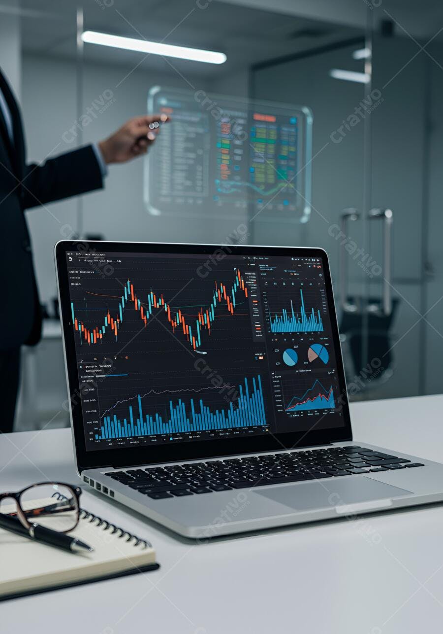 Laptop com gráficos financeiros em escritório moderno