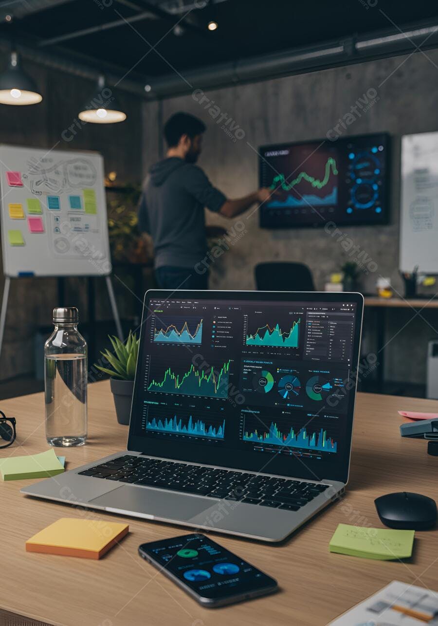 Laptop com gráficos financeiros em escritório moderno