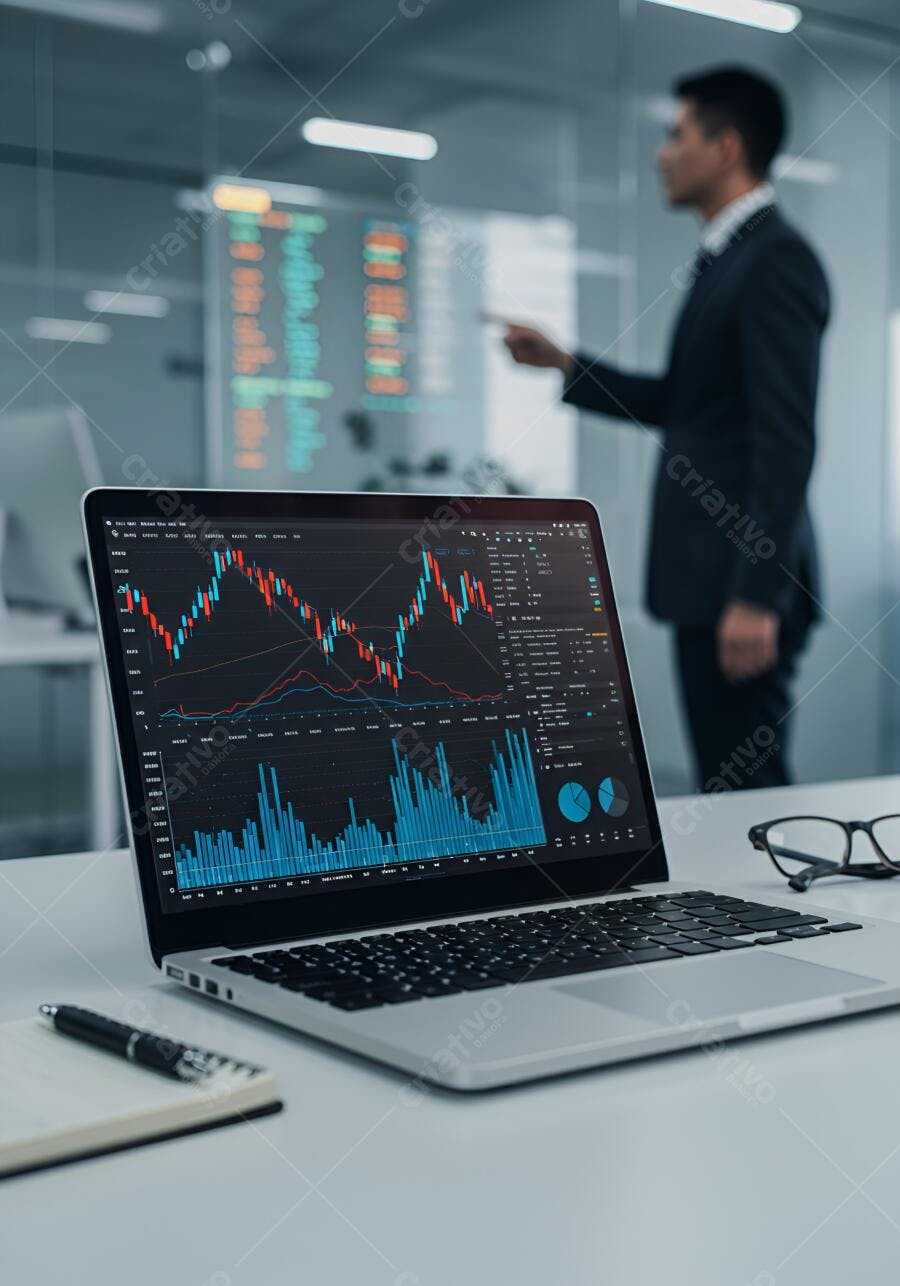 Gráficos financeiros em laptop moderno