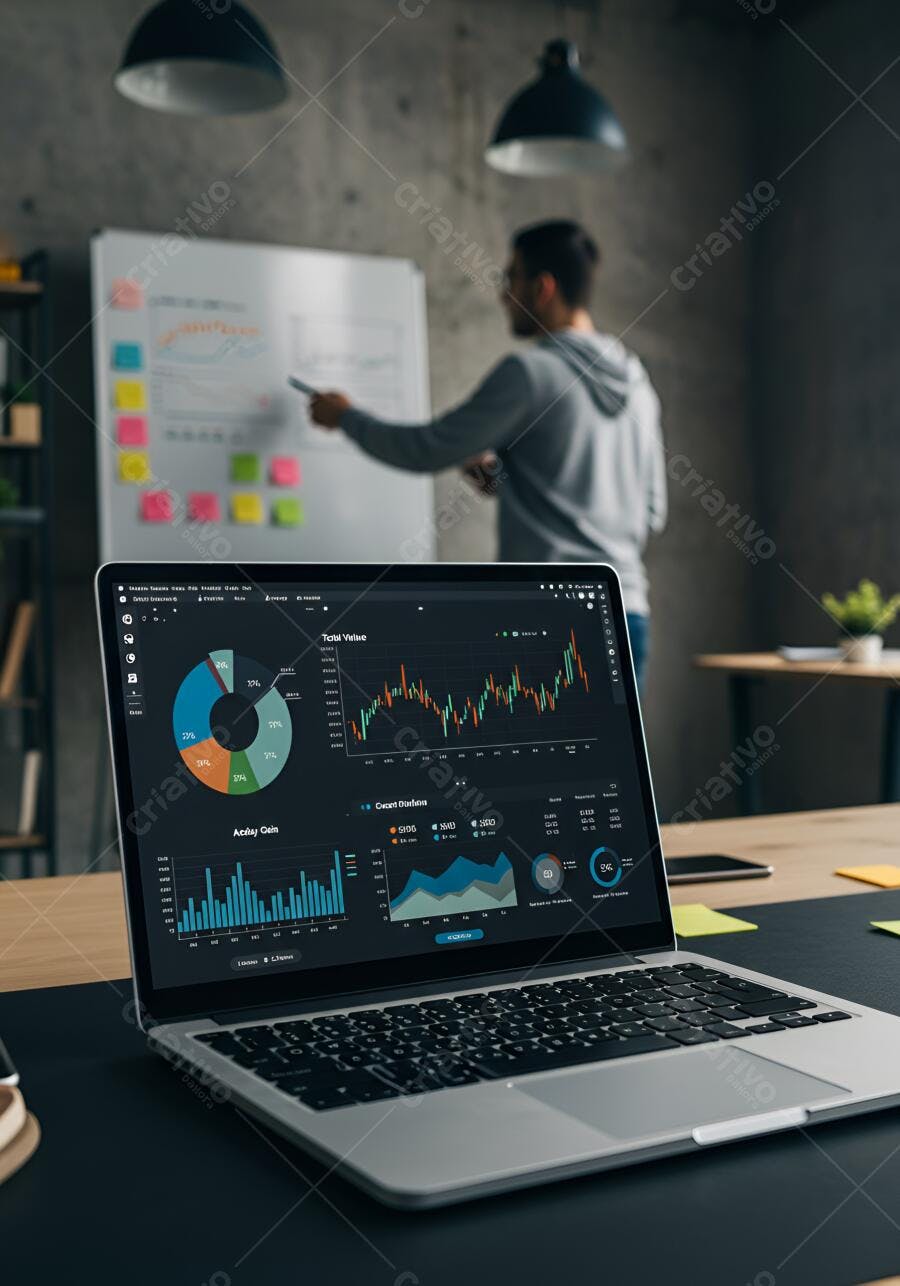 Laptop com gráficos de negócios em escritório