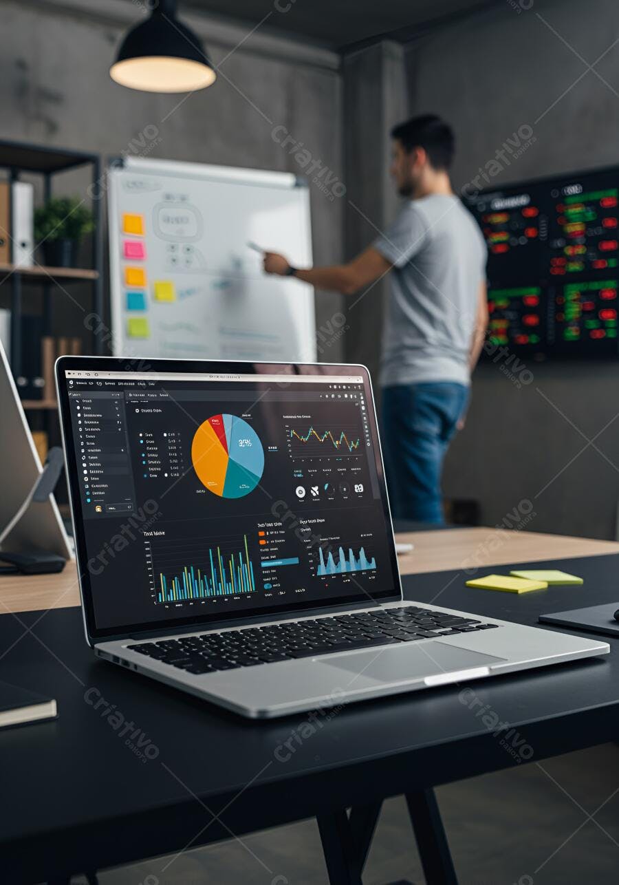 Laptop com gráficos de negócios em escritório moderno