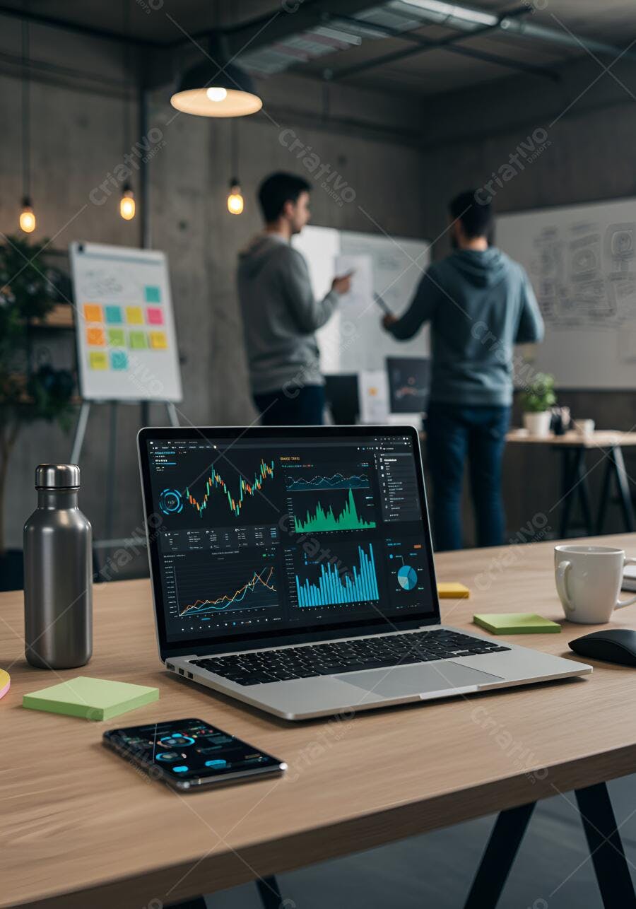 Laptop com gráficos financeiros em escritório moderno