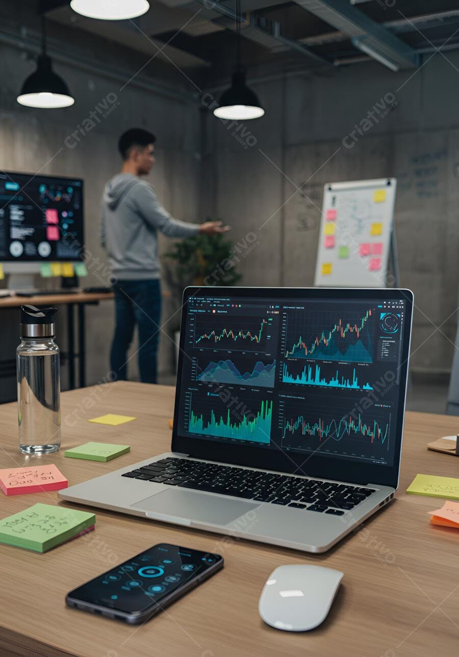 Laptop com gráficos de mercado em escritório moderno