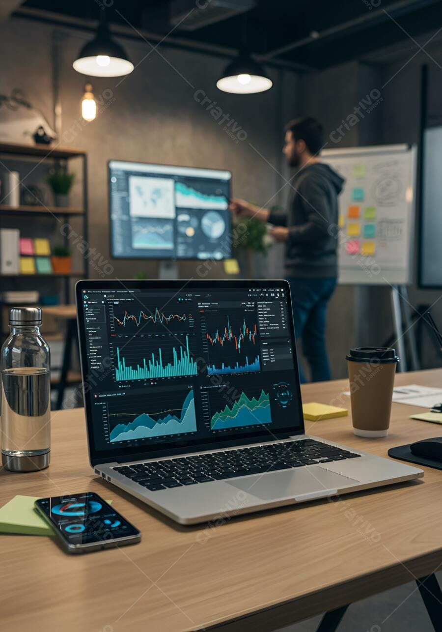 Laptop com gráficos financeiros em escritório moderno