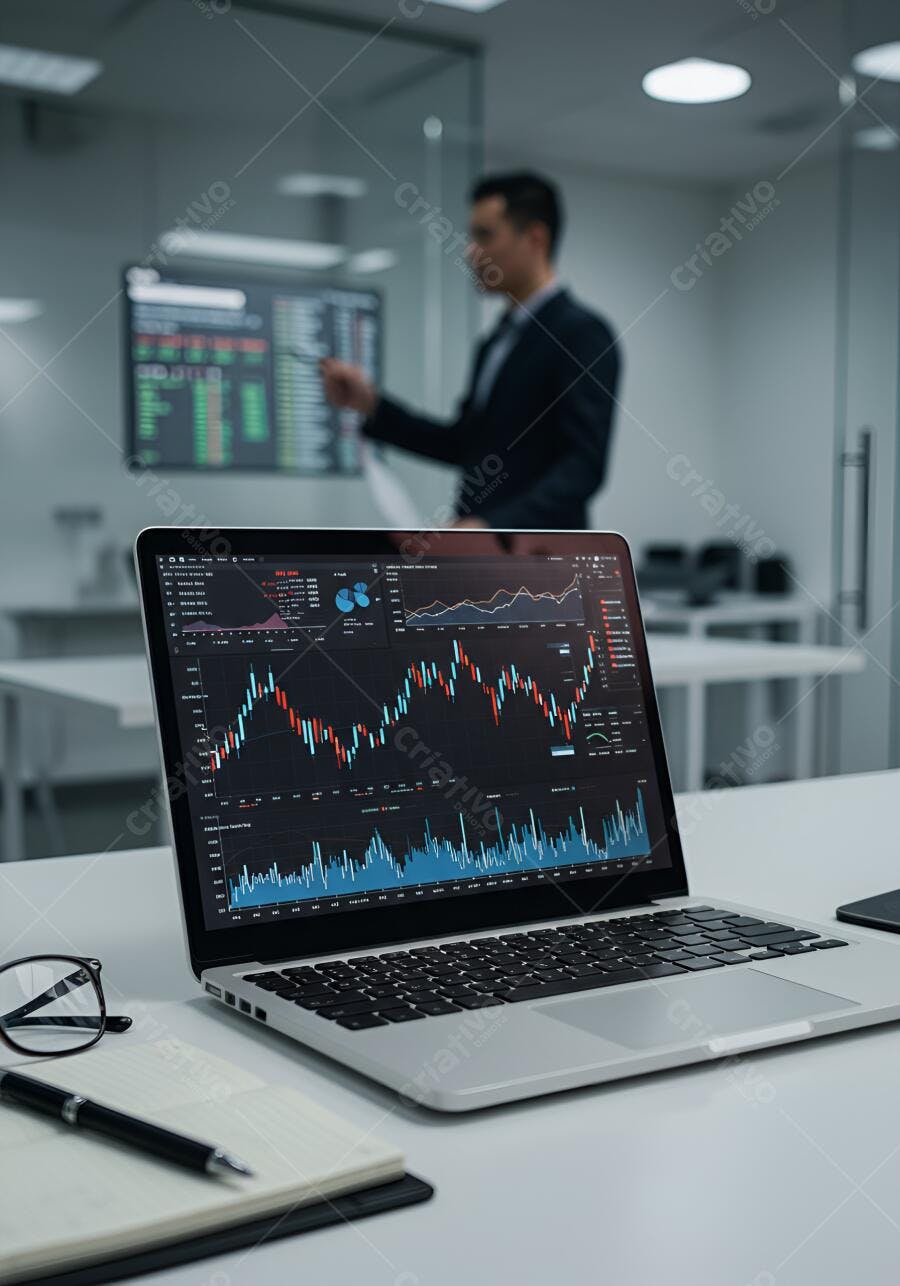Laptop com gráficos financeiros em escritório
