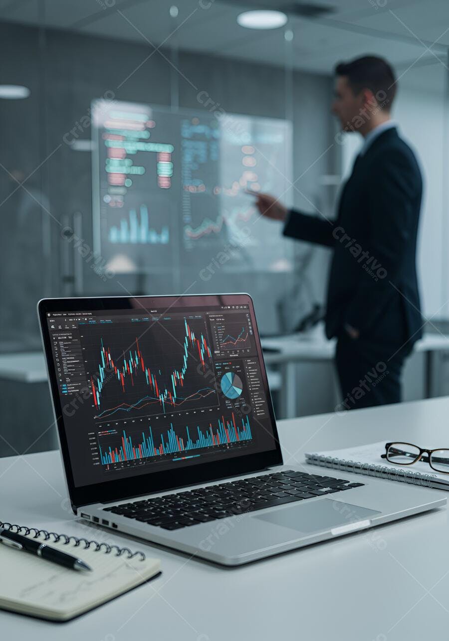 Laptop com gráficos financeiros em escritório moderno