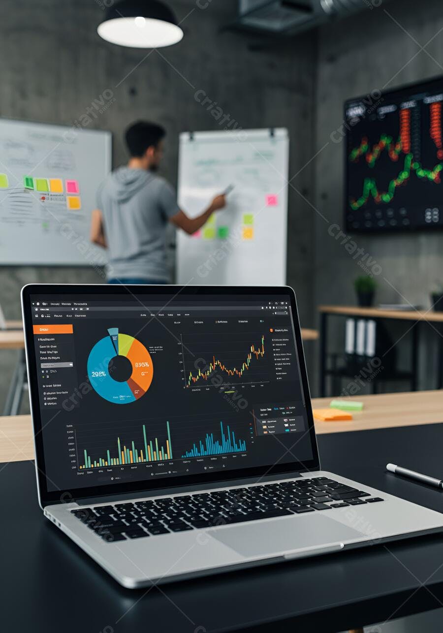 Laptop com gráficos de negócios em escritório