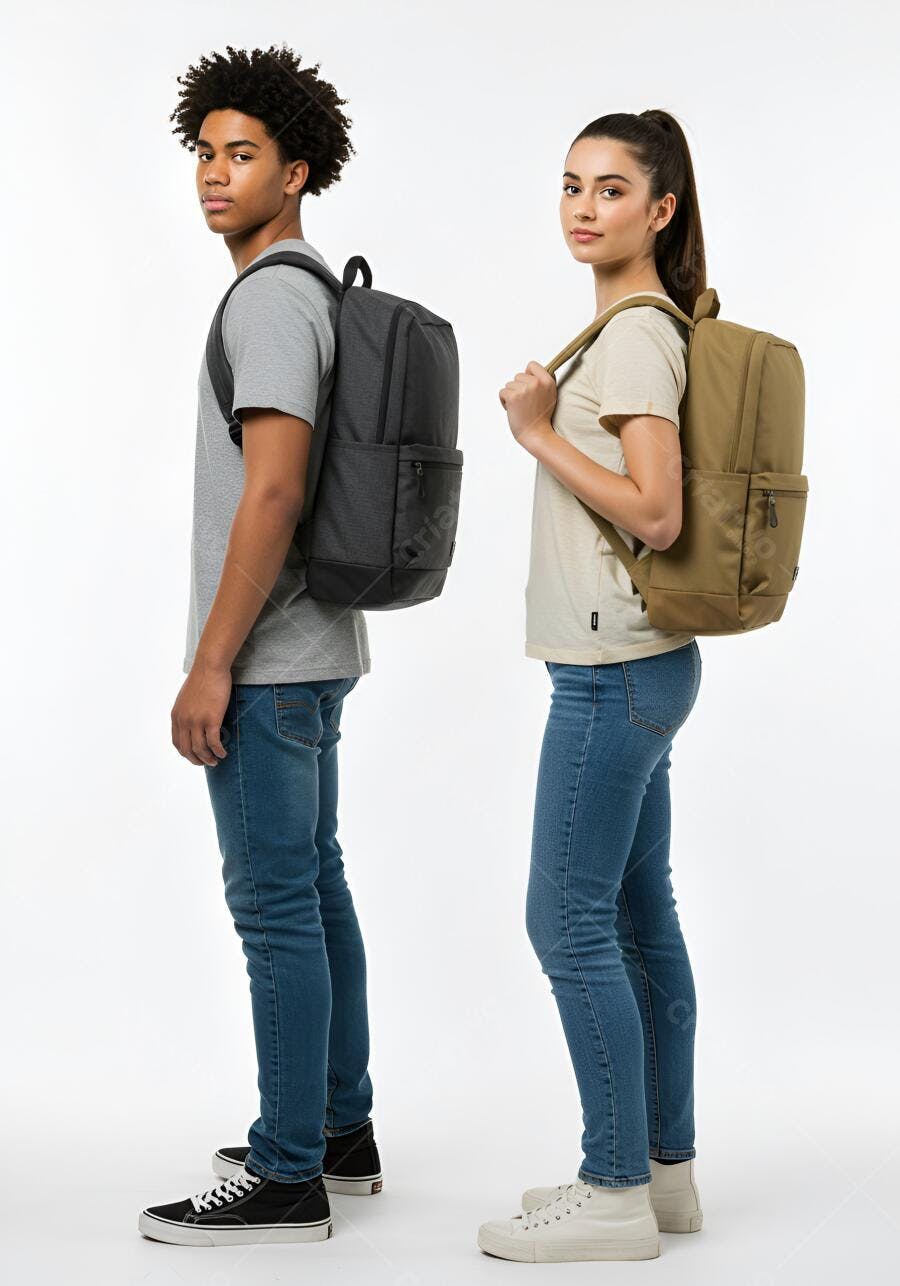 Estudantes com mochilas cinza e bege