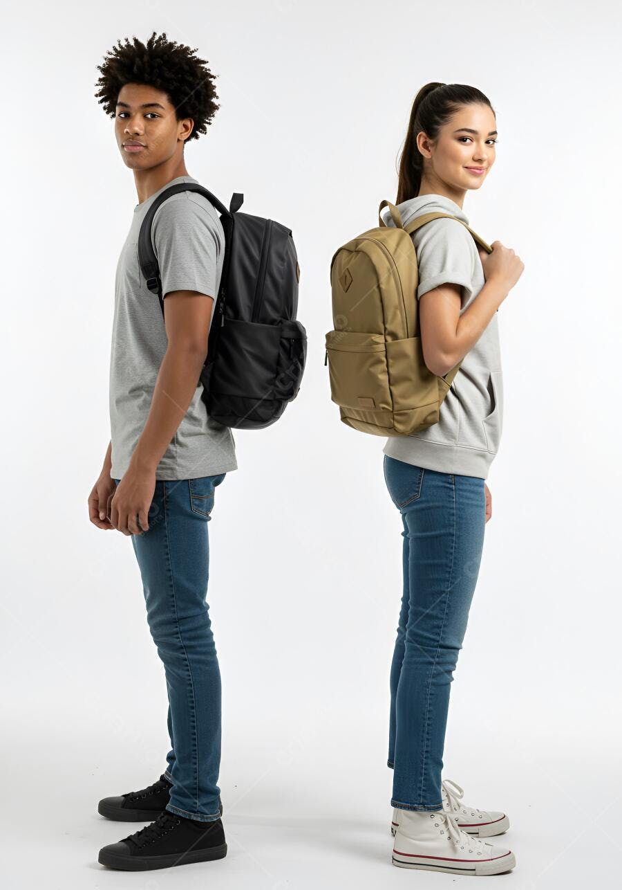 Estudantes com mochilas jeans e cinza fundo branco