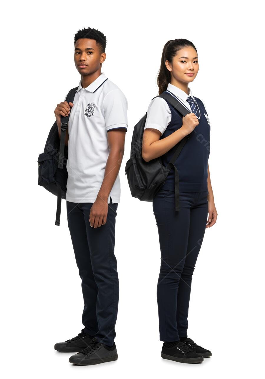 Estudantes adolescentes com mochilas fundo branco