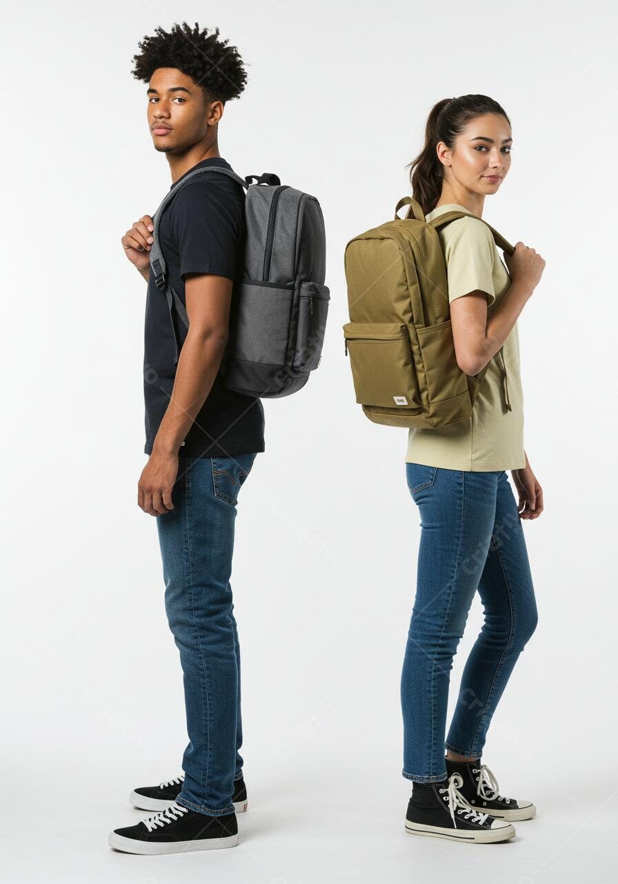 Mochila cinza e verde para estudantes fundo branco