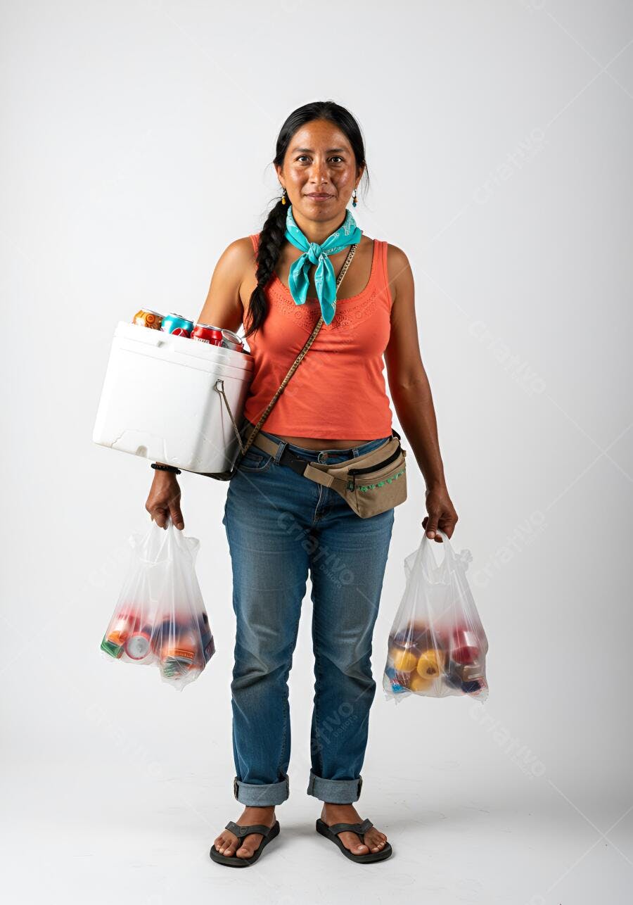 Vendedora indígena com produtos em sacolas