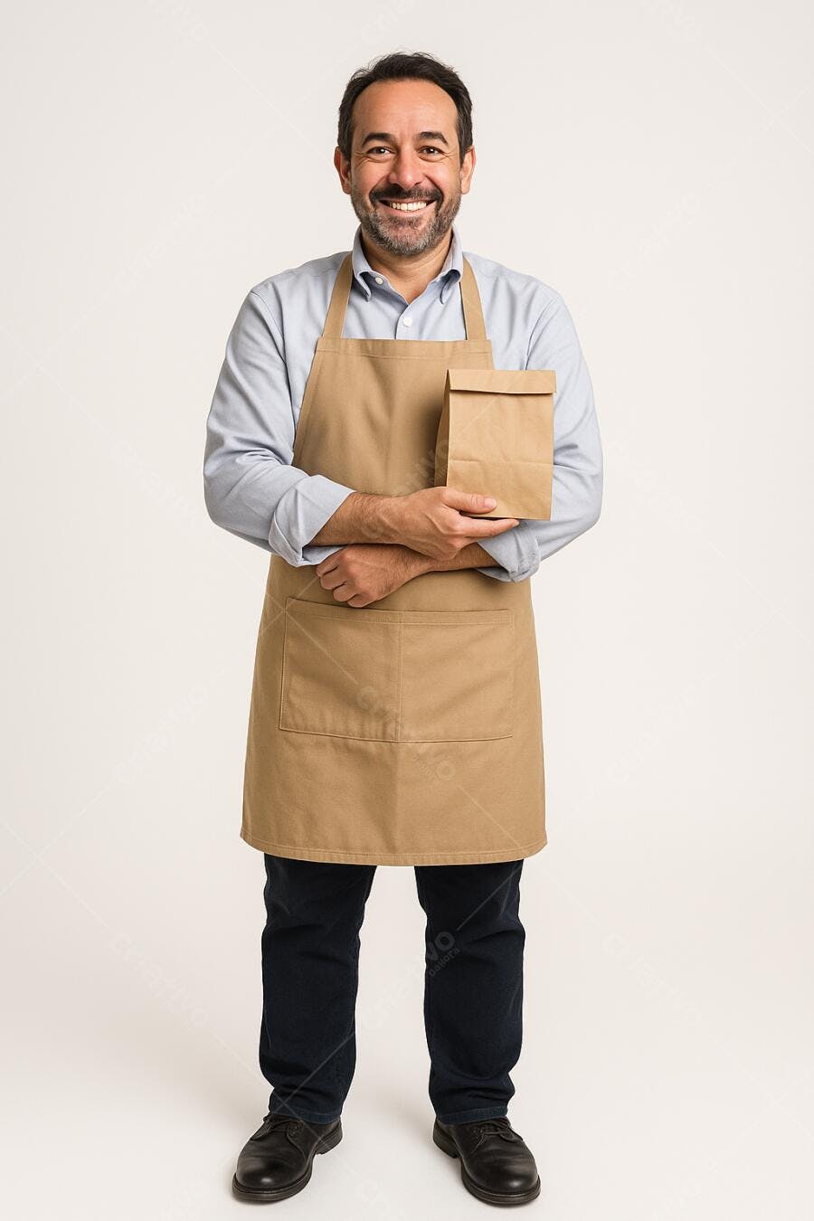 Homem sorrindo com saco de papel pardo