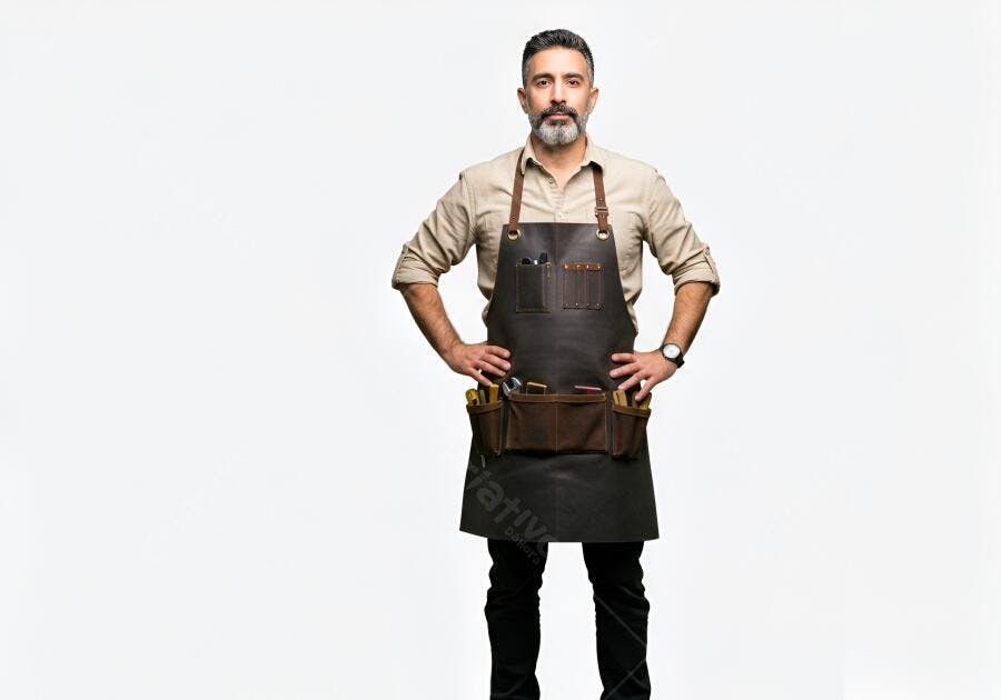 Artesão com avental de couro marrom