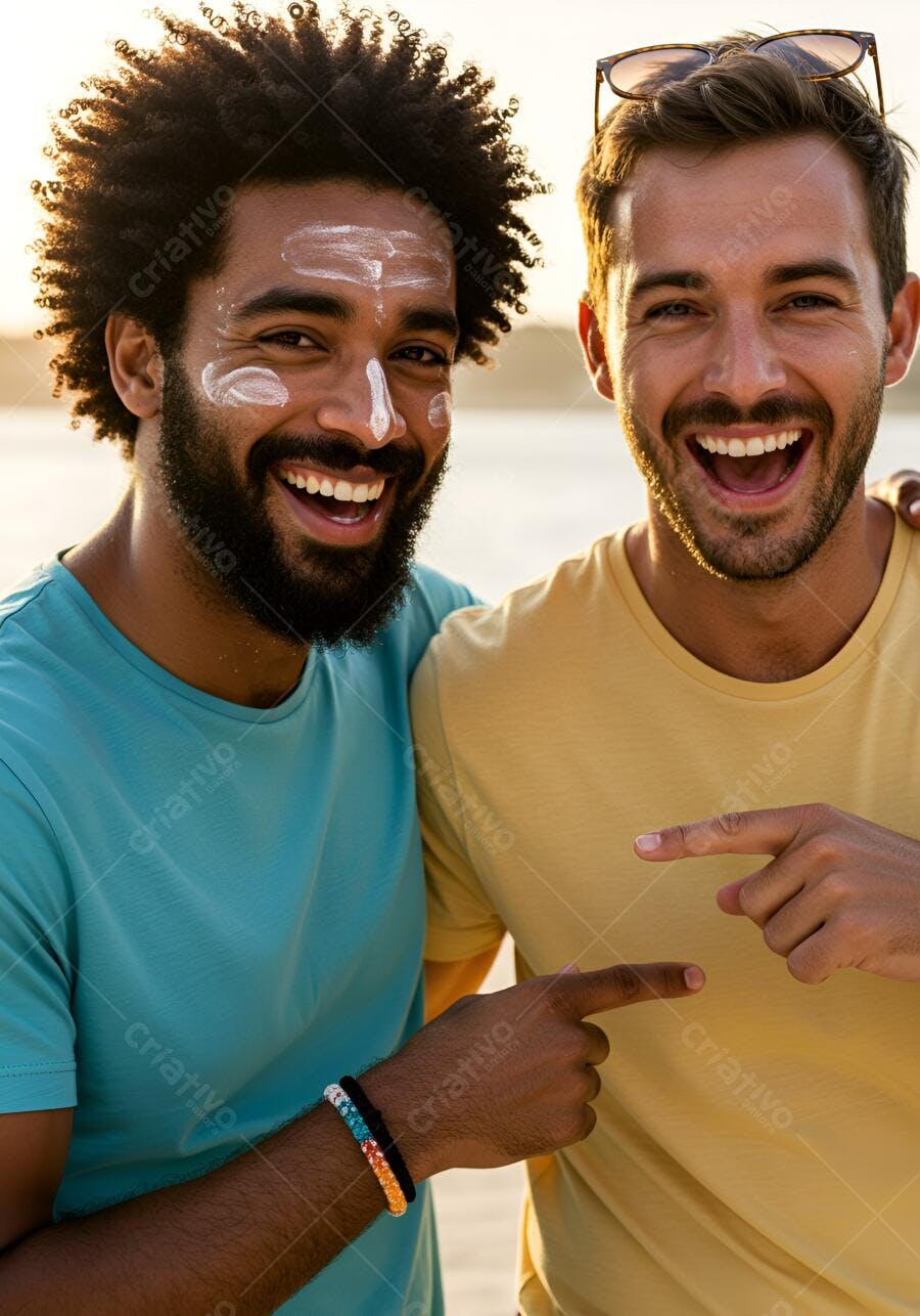 Amigos felizes na praia com protetor solar