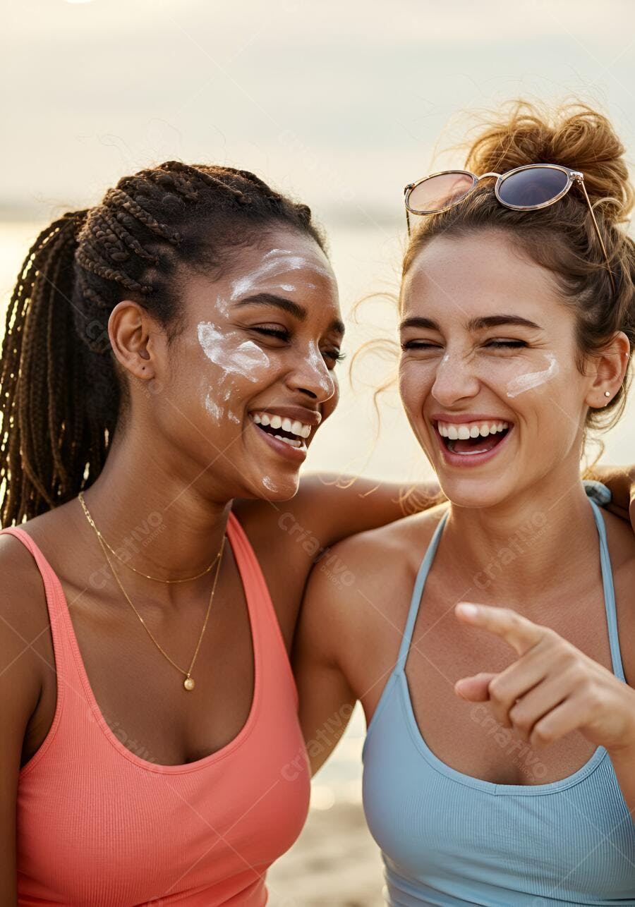 Amigas na praia com protetor solar sorrindo