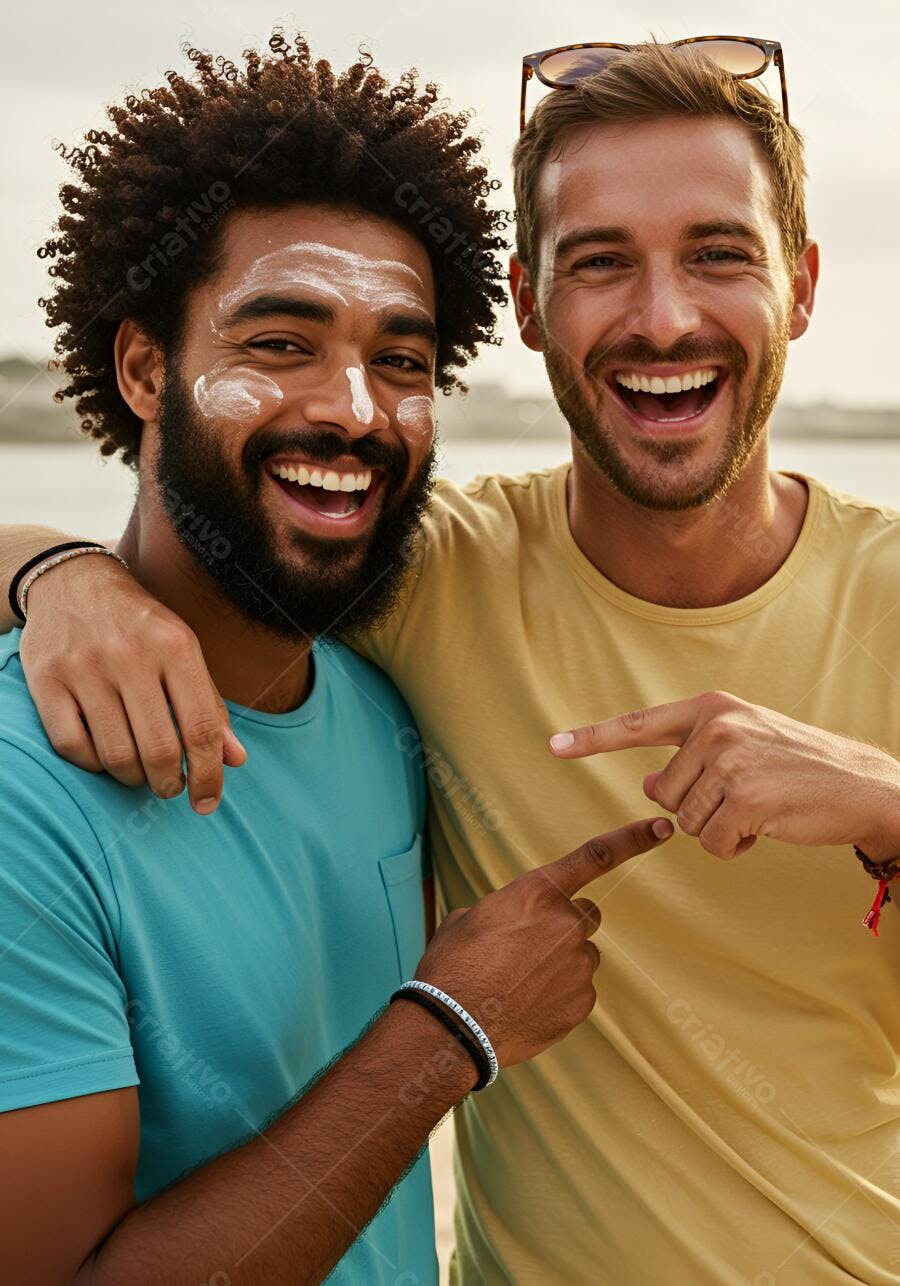 Amigos felizes na praia com protetor solar