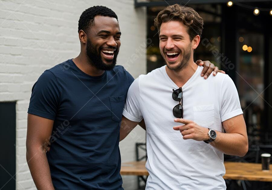 Dois amigos rindo em dia ensolarado