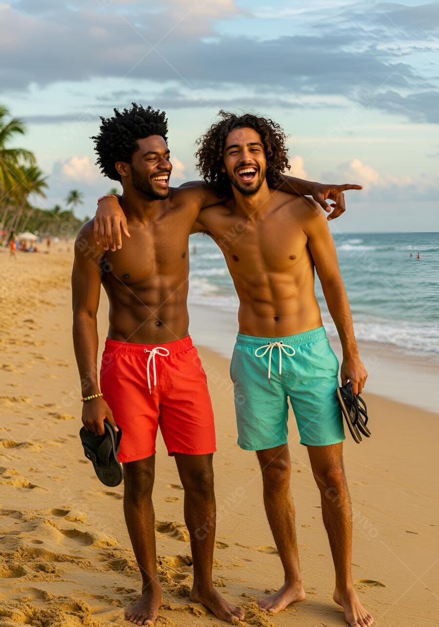 Amigos na praia sorrindo ao entardecer