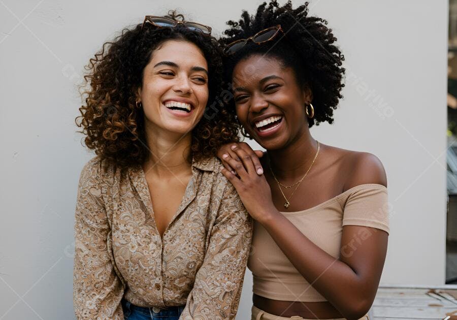 Amigas rindo juntas em dia ensolarado