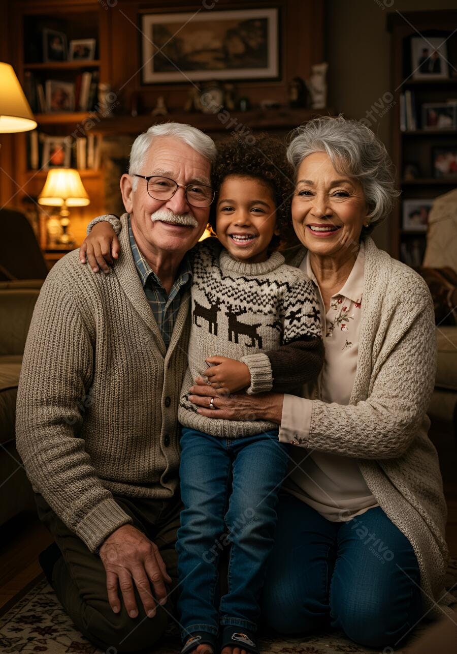 Família multigeracional sorrindo em casa