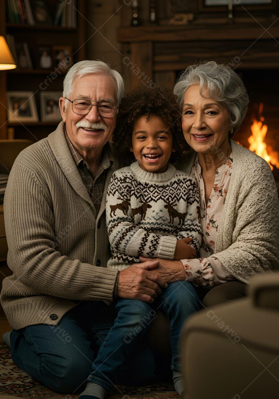 Avós e neto sorrindo juntos perto da lareira
