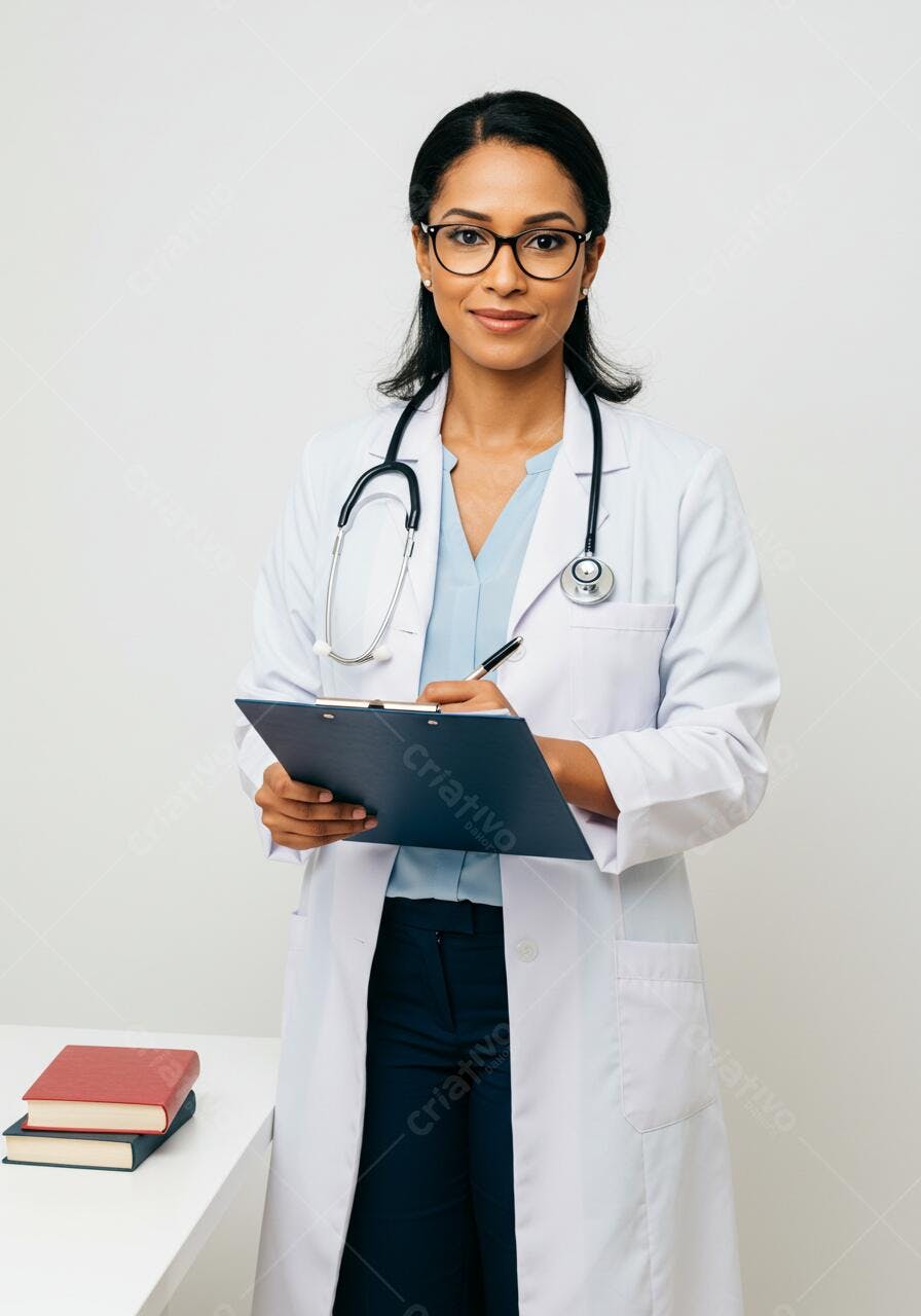 Médica escrevendo em prancheta fundo branco