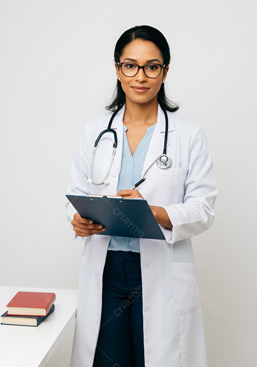 Médica escrevendo em prancheta fundo branco