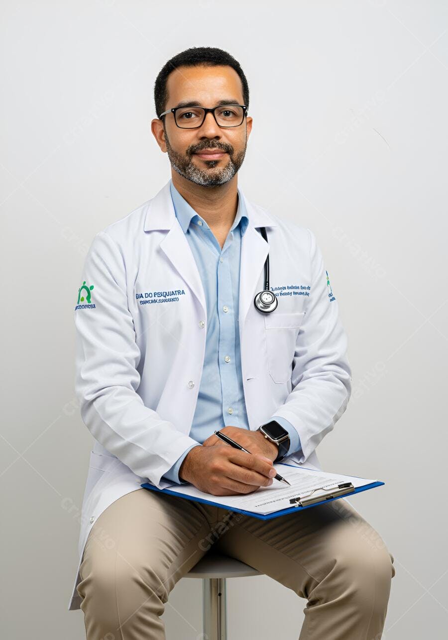 Psiquiatra escrevendo relatório em consultório