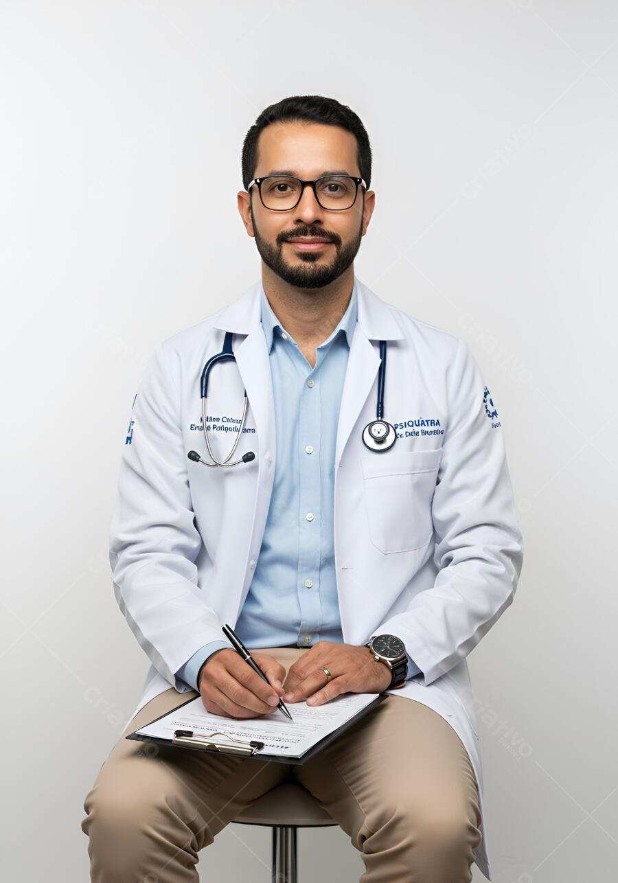 Médico escrevendo relatório em consultório
