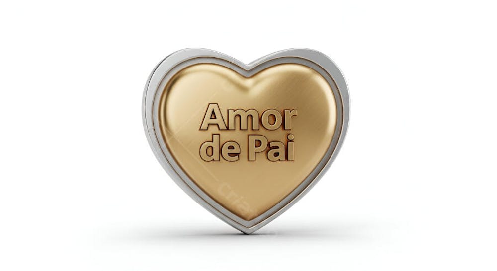 Imagem 3D de um coração dourado com moldura prateada. As palavras "Amor de Pai" estão gravadas no coração. O fundo é branco, criando um contraste limpo e elegante.