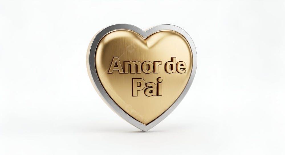 Imagem 3D de um coração dourado com borda prateada exibindo a frase "Amor de Pai".  Fundo branco, cores sóbrias e elegantes.  Atmosfera de afeto e carinho.