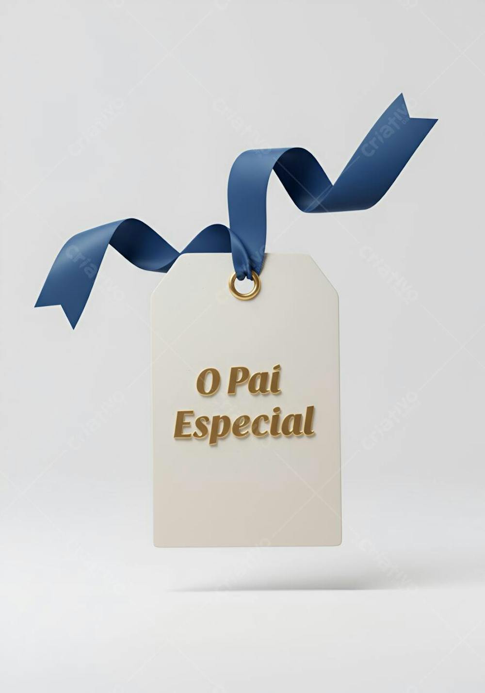 Tag branca com a frase "O Pai Especial" em dourado, adornada com fita azul marinho.  Fundo branco minimalista. Imagem clean e elegante, ideal para design de embalagens ou cartões.