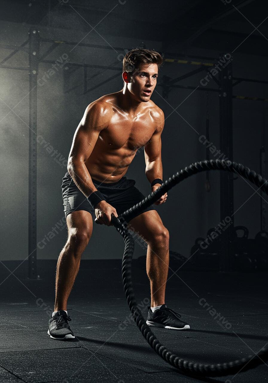 Homem musculoso treina com corda na academia