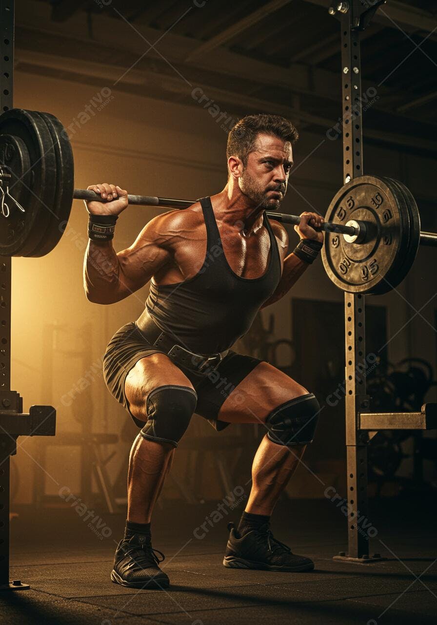 Homem musculoso fazendo agachamento com barra