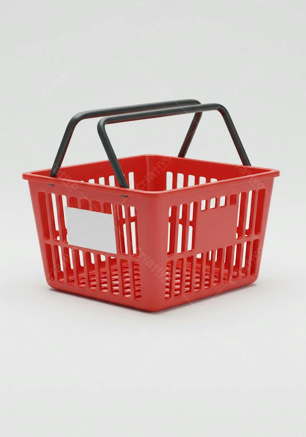 Imagem de uma cesta de compras vazia de plástico vermelho sobre fundo branco. A cesta possui alças pretas e um espaço para etiqueta. A composição é simples e limpa, com foco na cesta. A atmosfera é neutra.