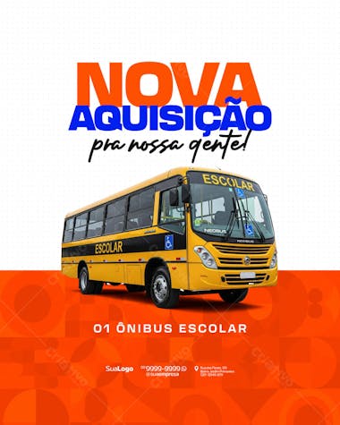 Vibrant yellow and orange flyer announcing a new school bus acquisition. Perfect for school transportation companies, schools, and institutions. High-quality image focusing on the vehicle and impactful text. Ideal for marketing campaigns.
