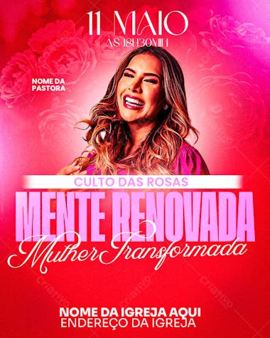 Pink and red flyer for a women's church event. Features an image of a smiling pastor, roses, and elegant text. Perfect for churches targeting a female audience.  Download and customize for your church.