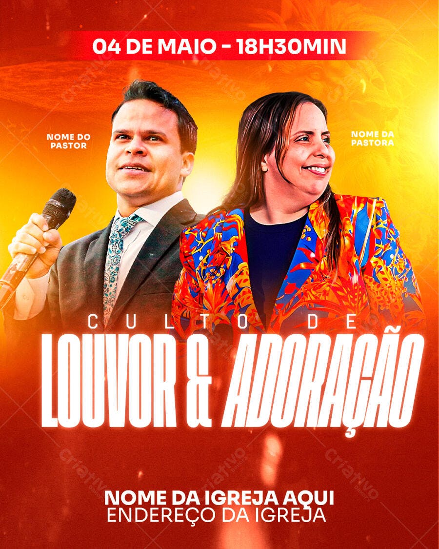 Flyer para Culto de Louvor e Adoração 04 de Maio PSD Editável