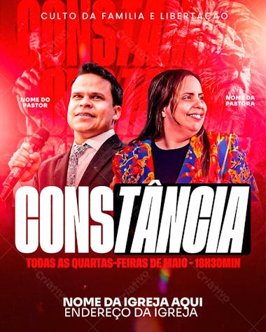 Vibrant red flyer featuring images of a pastor and pastor's wife.  Perfect for promoting religious events and services, with space for church name and address. Target audience: people interested in religious services.