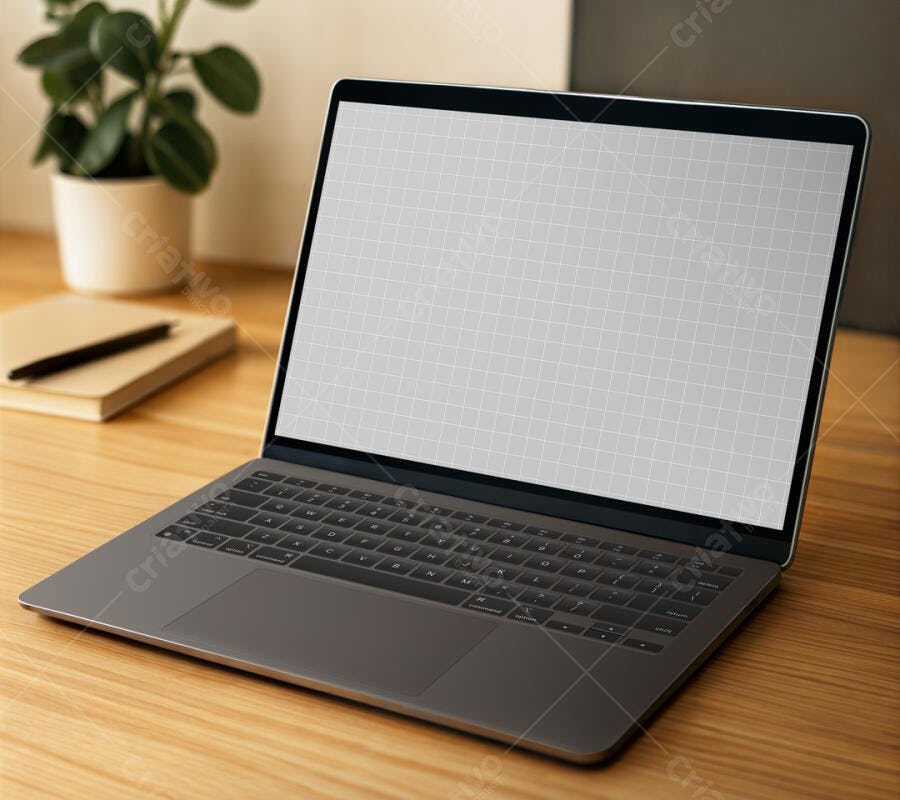 Mockup Notebook Cinza Moderno em Mesa de Madeira