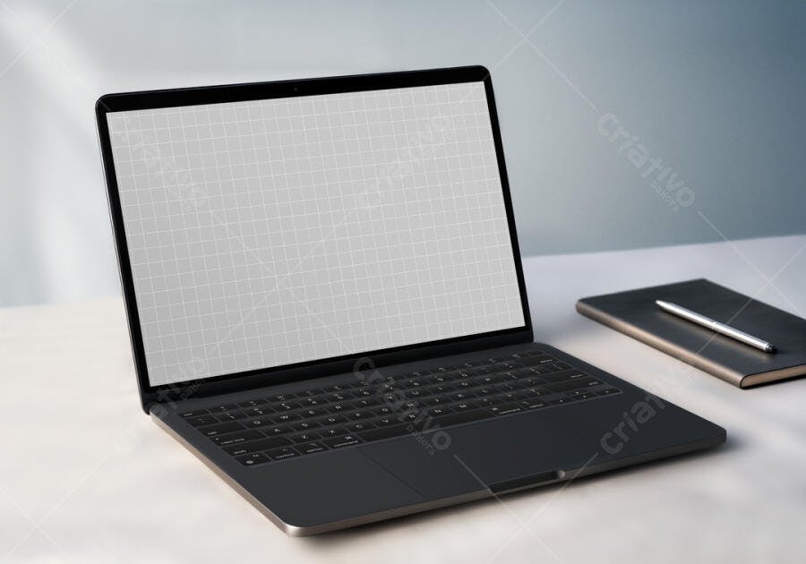 Mockup Notebook Cinza Escuro em Mesa Minimalista