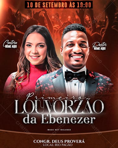 Flyer for a gospel event featuring a female singer and pastor. Vibrant colors in shades of red and black. Perfect for social media promotion and print. Target audience: Christians and those interested in religious events.