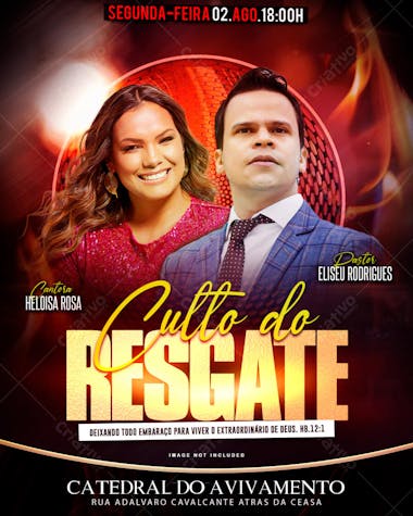 Flyer for a religious worship service featuring photos of a female singer and a pastor. Vibrant colors in red and gold, modern and impactful style. Ideal for church and social media promotion. Target audience: Christians.